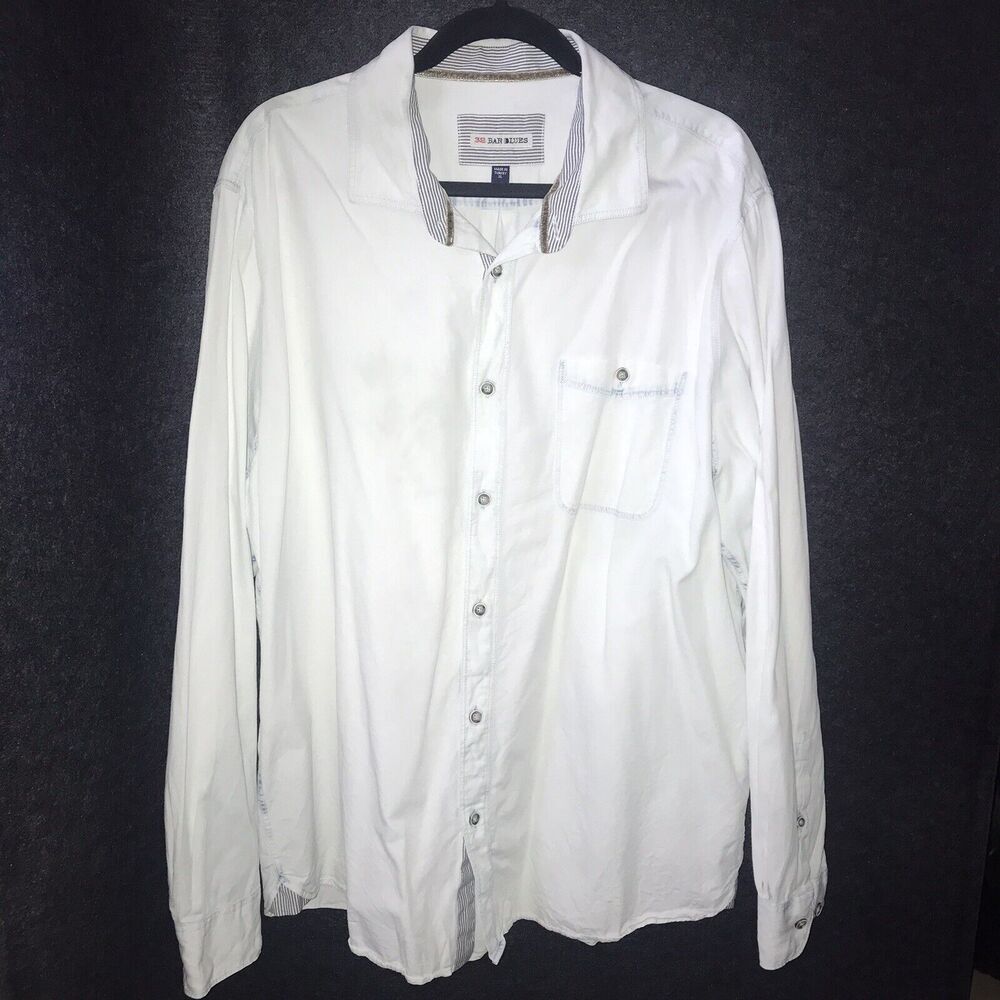 32 Bar Blues Shirt‎ XL Blue White Light Wash Long Sleeve Button Up Cotton Denim*